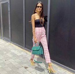 DYLQFS 2021 New Summer Women Vintage Pink Plaid Pants Female Fashion Streetwear Slim High Waist Casual Trousers Chic Bottoms Q0801