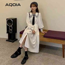 Spring Fashion Japan JK Women Dress Sailor Collar Button Up Long White Sleeve Bow Empire Plus Size Ladies Robe 210521