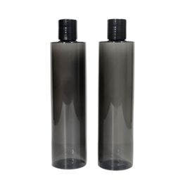 Refillable Clear All Black Plastic Bottle Flat Shoulder Circular Column Shape PET Lotion Press Lid Empty Portable Cosmetic Packaging Container 300ml