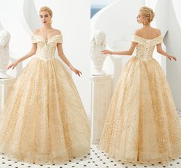 off shoulder wedding dress pictures Australia - Modern Gold Wedding Dresses Bridal Gowns Sequin Lace Appliqued Fashion Elegant