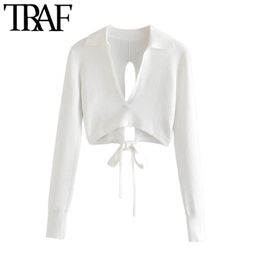 TRAF Women Sexy Fashion Deep V Neck Cropped Knit Sweater Vintage Backless With Bow Tied Female Pullovers Chic Tops 210914