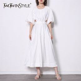 White Dress For Women O Neck Short Sleeve High Waist A Line Mid Hollow Out Solid Dresses Female Fashion Clothes 210520