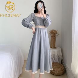 Spring and Autumn Square Neck Lace Patchwork Long sleeve Dress Women French style Show thin Elegant Fashion 210506