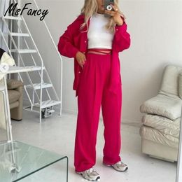 Msfancy Summer Pant Sets Women Long Sleeve Blouse Hight Waist Wide Leg 2 Piece Sets Female Pant Suits 211007