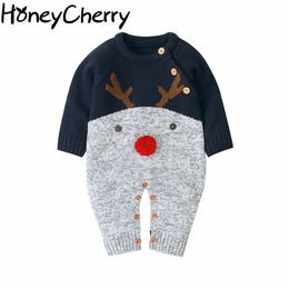 Christmas sweater knit Romper boys and girls cartoon deer baby boy clothes girl romper 210702