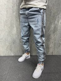 Ripped Jeans For Men Side Striped Streetwear Hip Hop Denim Jogger Pants Slim Fit Distressed Trousers