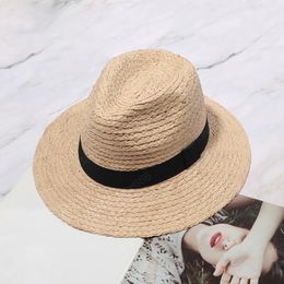 Women Summer Bowler Sun Hats Beach Straw Hat Black Ribbon Cap Temperament Flat Outdoor Holiday Jazz Caps