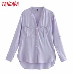 Tangada women violet shirts long sleeve solid v-neck elegant office ladies work wear blouses 1Y22 210609