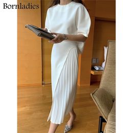 Bornladies Skirt Suits Women Summer Two Piece Set Short Sleeve O-neck T Shirt + High Waist Long Pleated 2 Outfits 220302