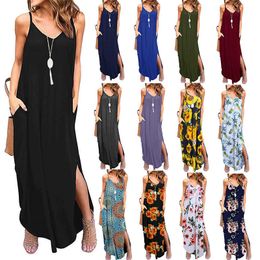 18 Colours Women Casual Spaghetti Strap Dress Summer V neck Pocket Sling Party Maxi Floral Printed Loose Elegant Sundress 210526