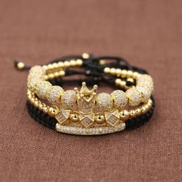 3pcs/Set Hip Hop Gold Crown Bracelets 8MM Cubic Micro Pave CZ Ball Charm Braided Braiding Man Luxury Jewellery Pulseira Bileklik Beaded, Stran
