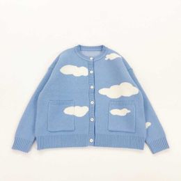 Japan Style Chic Blue O Neck Puff Full Sleeve White Cloud Jacquard Knitted Sweater Fashion Print Cardigan Jacket Preppy Student 210610