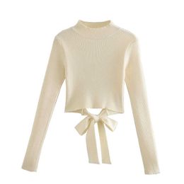 Elegant Women Turtleneck Sweaters Fashion Ladies Beige Knitted Tops Streetwear Female Chic Backless Bow Pullovers 210527