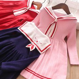 Cartoon Rabbit Sailor Collar Girls Dress Winter Knitted Cotton Preppy Style Baby Kids Clothes 2-10Y E3232 210610
