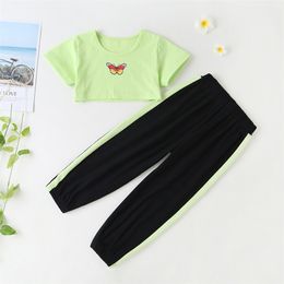 Summer Children Sets Casual Cute Short Sleeve Print Butterfly O Neck T-shirt Striped Pants Girls Clothes 2T-6T 210629