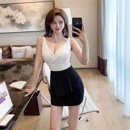 Nightclub sexy backless dress temperament low-cut suspenders women's Office Lady Sheath Sleeveless 210416