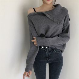 Autumn Winter Korean Fashion Casual High Collar Side Zipper Girls Off Shoulder Lazy Two Wear Knitted Sweater Pullover 210514
