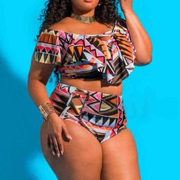 Ladies Sexy Bikini Set High Waist Plus Fat Plus Large Size Color Print Swimsuit Retro Halter Bandage Bikini Plus Size 210515