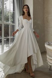 2021 Vintage High Low Modest Wedding Dresses Bridal Gowns With Long Sleevs Sweetheart Short Front Long Back Informal Beach Bride Gown