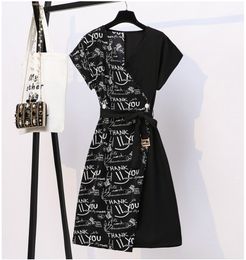 Female Black Letter Print Midi Dresses Women Summer Vintage Plus Size L-5XL Office Ladies Dress With Belt Elegant Party Vestidos X0521