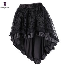 Black Women's Victorian Asymmetrical Ruffled Satin Lace Trim Gothic Skirts Vintage Corset Steampunk Skirt Cosplay Costumes 937# 210412