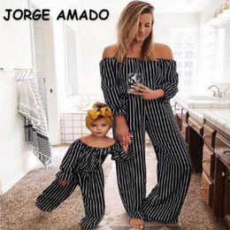 Summer Family Matching Clothes 2-pcs Sets Black Striped Jumpsuit with Sashes Mom and Daughter E896 210610