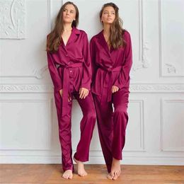 HiLoc Satin Pyjamas For Women Sleepwear Silk Pure Colour Long Sleeve Two Piece Set With Sashes Red Pink Clothing Spring 210830