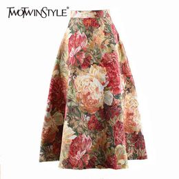 Print Floral Midi Skirt For Women High Waist Hit Color Vintage Chinese Style Skirts Female Fashion Clothing 210521