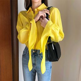 Fresh Bright Solid Yellow Stylish Chic Loose Autumn Fashion Streetwear All Match Women Casual Office Lady Shirts 210421
