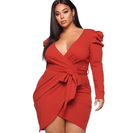 Solid Red Mini Dress Plus Size Long Ruffled Sleeve Low-cut Dress Large Size Women's Clothing Y0726