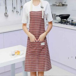 Plaid cotton and linen fashion Korean style adjustable halter apron GCE13231