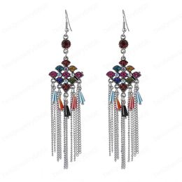 Retro Silver Colour Long Chain Tassel Jhumka Earring Women Ethnic Rhinestone&Stone Bead Geometric Dangle Earrings Indian Jewellery