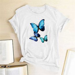 Blue Monarch Butterfly Printed Women T-shirt Cotton Harajuku Loose Tee Shirt Women Casual Streetwear O-Neck Tops Clothes X0628