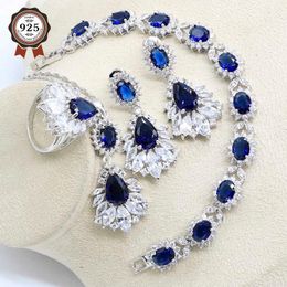 Blue Cubic Zirconia Silver Color Bridal Jewelry Sets Earring For Women Pendant Necklace Ring Bracelet Free Gift Box H1022
