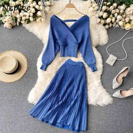 Neploe New Sexy 2 Piece Set Cross V-neck Puff Sleeve Slim fit Pullovers + Stretch Waist Pleated Skirts Chic Women Suit 1H578 210423