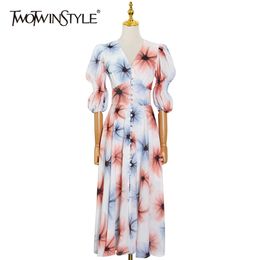 Elegant Print Dress For Women V Neck Puff Short Sleeve High Waist Single Breasted Tunic Maxi Dresses Female Stylish 210520