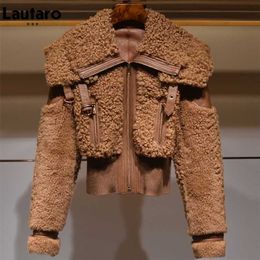 Lautaro Winter Warm Thick Patchwork Faux Fur Coat Women Long Sleeve zipper Turndown Collar Stylish Fluffy Jacket Fashion 211220