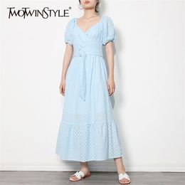 Elegant Sashes Summer Dress Female V Neck Short Sleeve Maxi Solid Dresses Fashion Clothing Style 210520