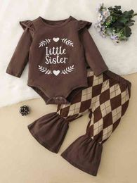 Baby Letter Graphic Ruffle Trim Bodysuit & Argyle Print Flare Leg Pants SHE