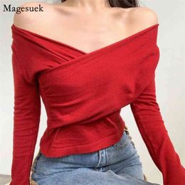 Spring Cross Knitted Solid Women Shirt Blouse Casual Long Sleeve Shirts Tops Slash Neck Short Sexy Corset Top Blouses 12680 210512