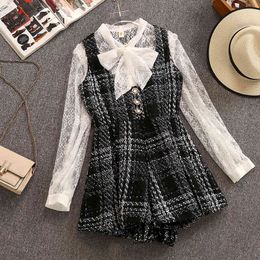 Sweet A-line Tweed Plaid Short Vest Romper Autumn Winter Women Bow Collar Lace Shirt Top + Tank Pearl Button Mini Jumpsuit 210416