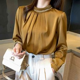 Elegant Solid Pleated Chain Stand Satin Women Blouse Autumn Korean Office Ladies Lantern Sleeve Shirt Female Top Blusas 210416