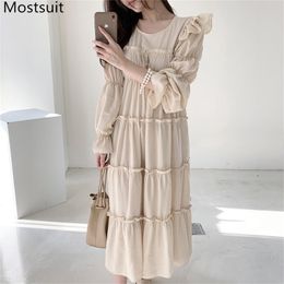 Korean Elegant Ladies Ruffles Women Long Dress Autumn Full Sleeve O-neck Loose Waist Fashion Dresses Vestidos Femme 210513