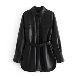 XNWMNZ Za Women black elegant classic faux leather jacket coat with belt Ladies Long Sleeve loose oversize boy friend retro Coat