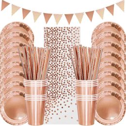 Rose Gold Disposable Tableware Set Paper Plate Cup Napkin Wedding Kids Adult Birthday Party Table Decoration Baby Shower