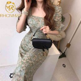 Dresses Chic Korean Gentle Slim Wrap Hip Square Neck Floral Chiffon Dress Women Puff Pleated Sleeve Lace Up Vintage Vestido 210506