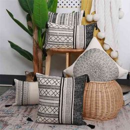 Vintage Black Cushion Cover Cotton Pillow Case Cover 45x45cm/30x50cm With Tassles for home decoration Living Room Boho Style Retro 210401