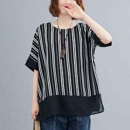 Women's T-Shirt Women Loose Casual T-shirts Arrival 2021 Summer Simple Style Vintage Striped Patchwork Female Short Sleeve Tops Tees S3724