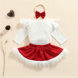 3Pcs Cute Baby Christmas Party Outfits Costumes Solid Color Ruffle Long-Sleeve Romper+Fluffy Skirt+Headband for Toddler Girls