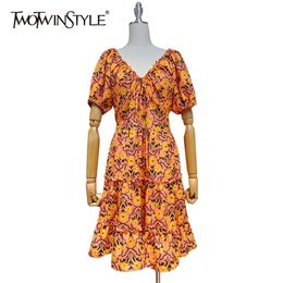 Bohemian Print Summer Dress For Women V Neck Puff Short Sleeve High Waist Hit Color Dresses Female Fashion 210520